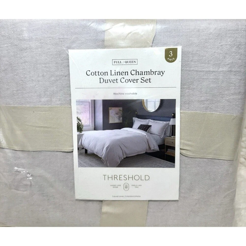 Full/Queen Linen Chambray Duvet Cover & Sham Set Light Gray Threshold NEW